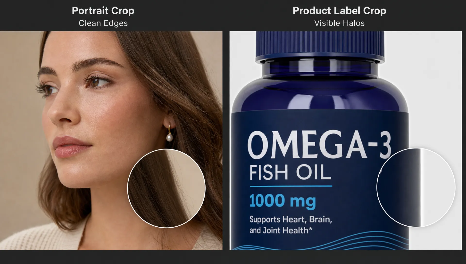 Close-up comparison of a portrait crop and a product label crop, with clean edges on one side and visible halos around high-contrast edges on the other.
