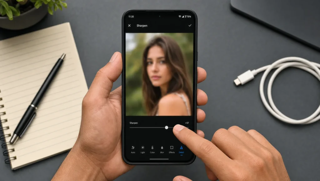 Hands adjust sharpening on an Android phone beside a notebook and charging cable.