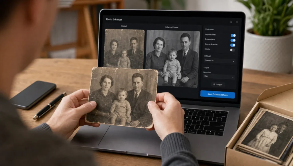 Hands compare a worn family photo with an enhancement preview on a laptop before saving it.