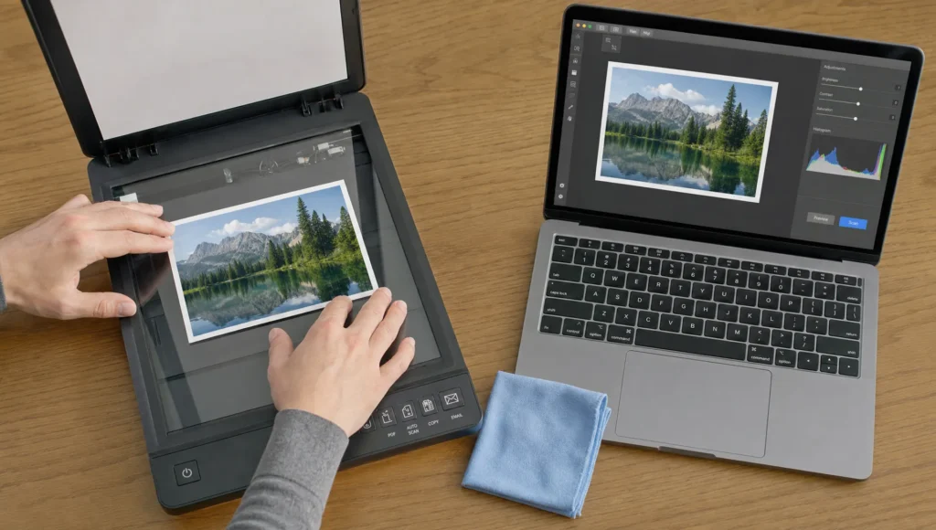 Hands place a photo print into a flatbed scanner as part of fixing a bad scan online.