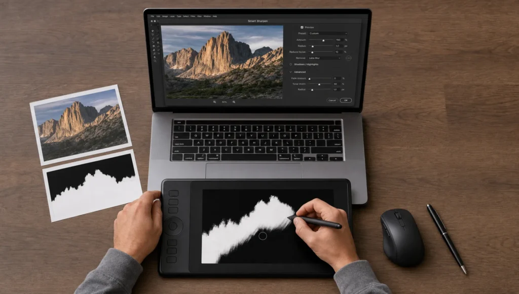 Hands refine a layer mask beside Smart Sharpen controls, showing selective sharpening in progress on a desk.