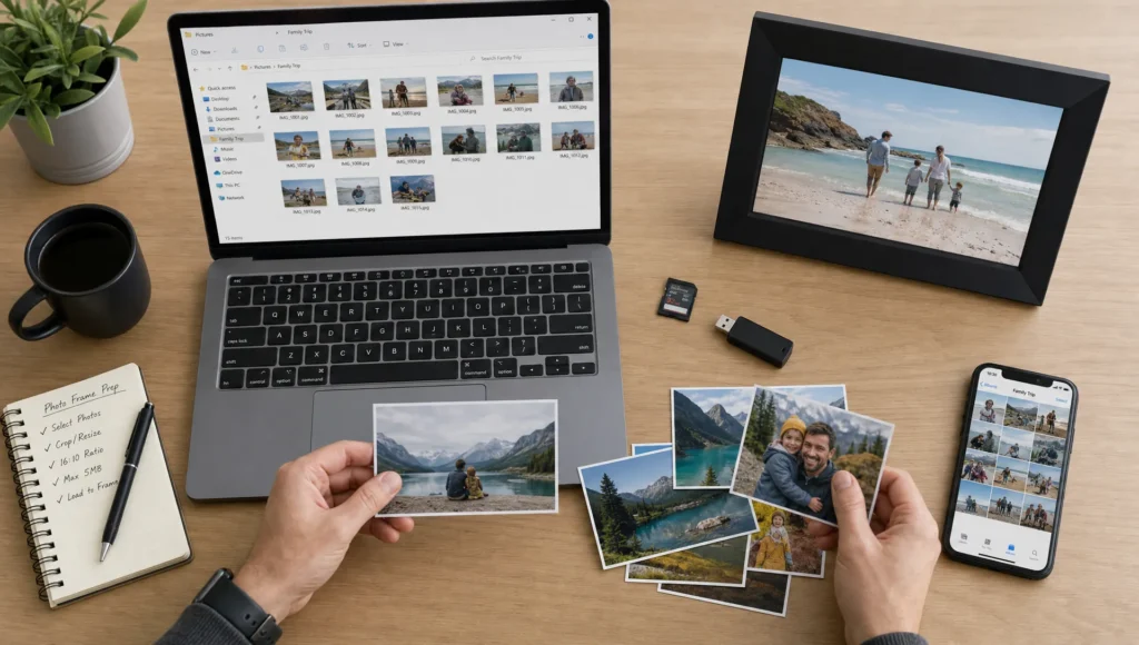 Hands sort photos and files for a digital photo frame beside a laptop and memory card.