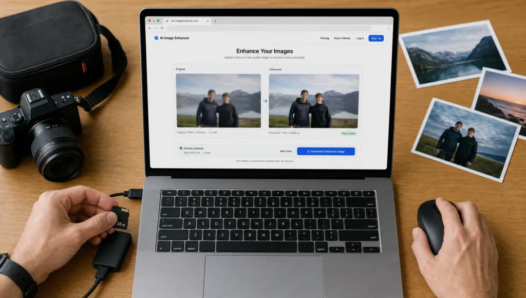Hands upload a blurry image to an online enhancer on a laptop with photos and camera cards on the desk.