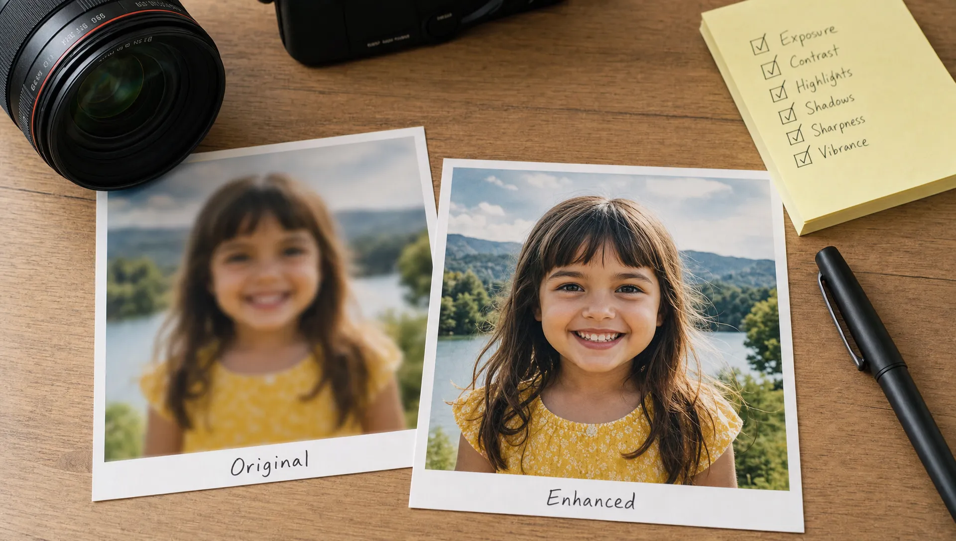 Printed photos on a desk show a blurry original beside a clearer enhanced version, with a camera lens and editing tools nearby.