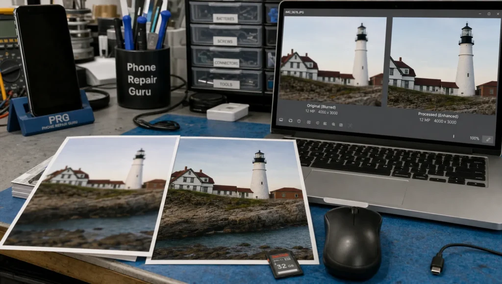 Printed test photos sit beside a laptop preview, showing the difference between blurry edges and sharper detail in a resolution test.
