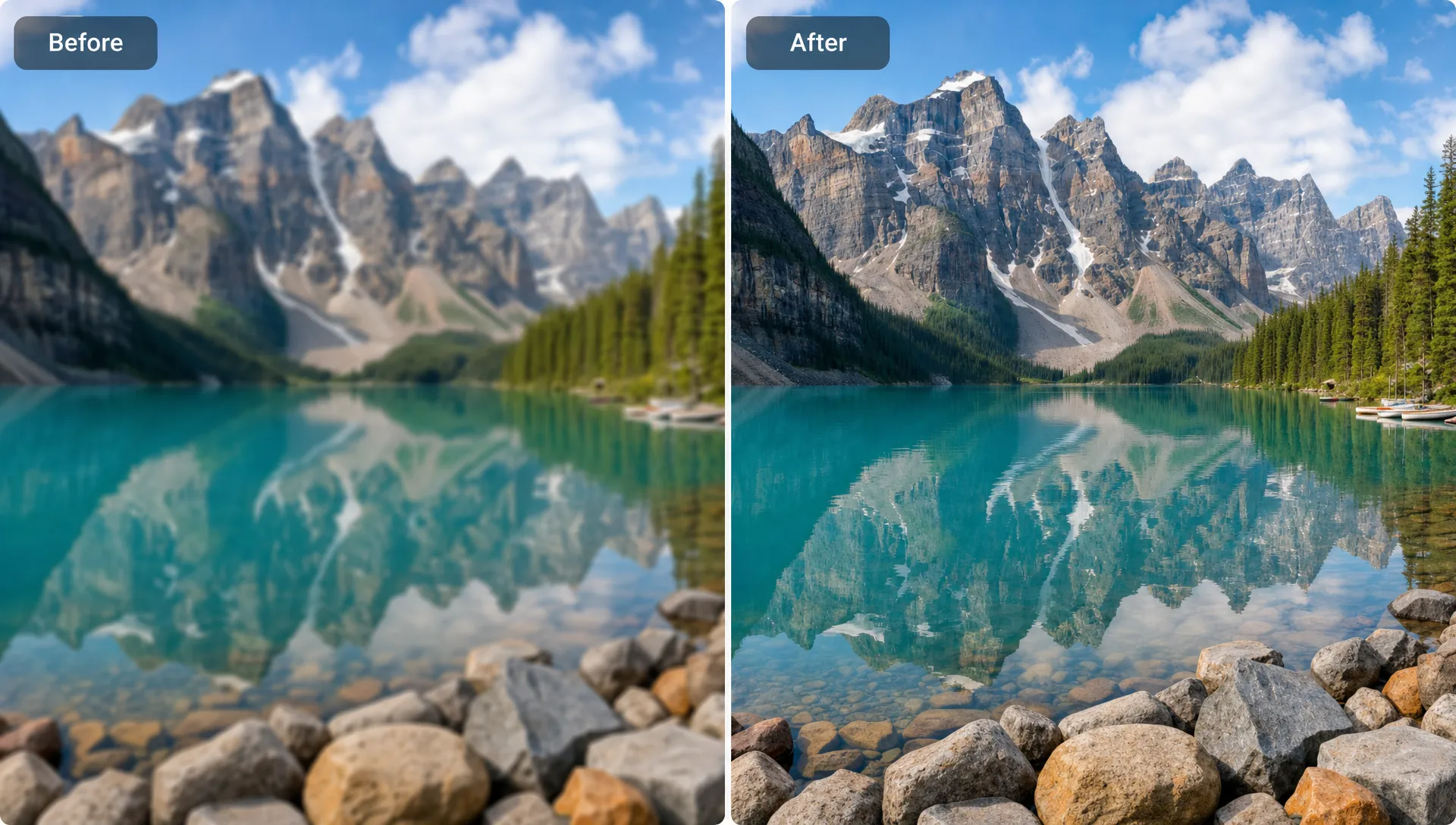 Side-by-side preview of a blurry photo and an improved version, highlighting sharper edges and more visible detail.