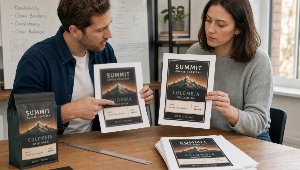 Two adults compare a label proof and a revised print to check readability and logo edges.