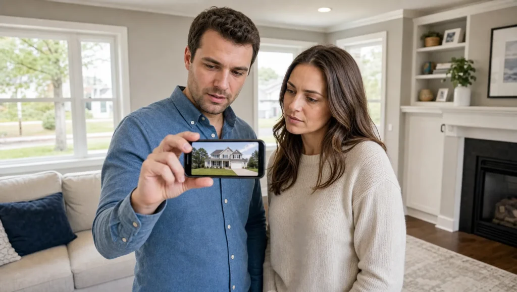 Two adults review a clear property photo on a phone inside a bright living room.