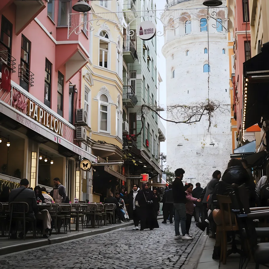 Busy city street after AI unblurring, with readable shop signs